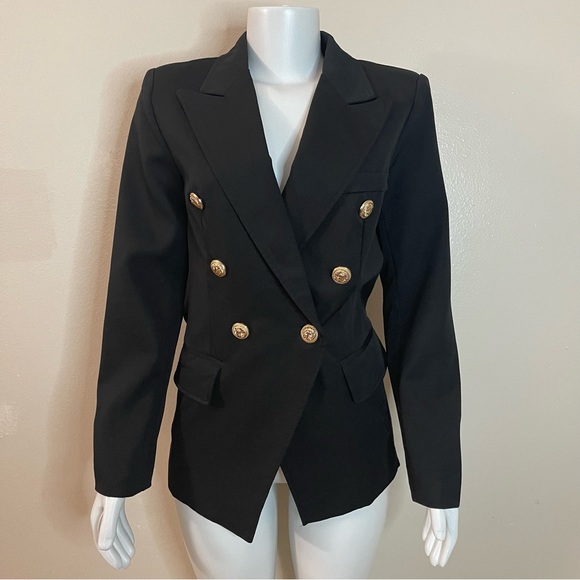 Black lapel collar women's blazer with metal buttons decor - Picture 1 of 11